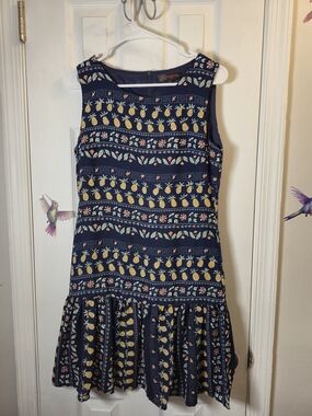 SM WARDROBE Pineapple Floral Drop Waist Mini Dress Navy Blue Size Small Novelty